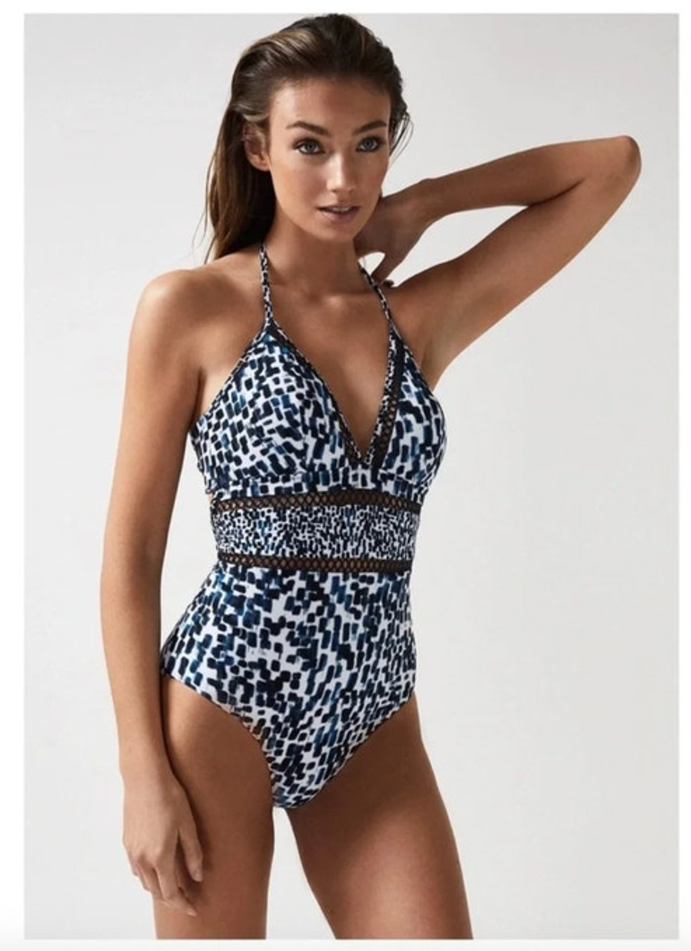 REISS Swimsuit Size 10 NEW Gia Halter Neck Lattice Trim Lasercut $170 Blue Print